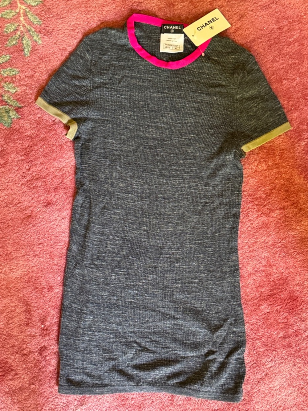 CHANEL blue Gray stretchy Knit Top with Hot Pink and Olive Trim